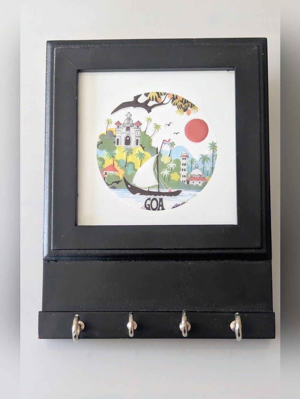 Wall Mounted Key Hanger "GOA". Wood and Tile .5.5" x 7.5"